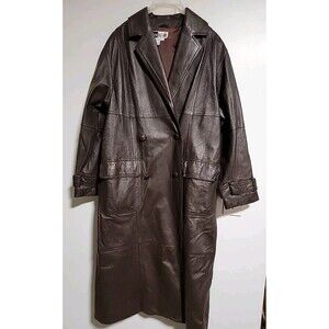 Vintage "Together" Brown Leather Maxi Long Double Breasted Trench Coat Size 8